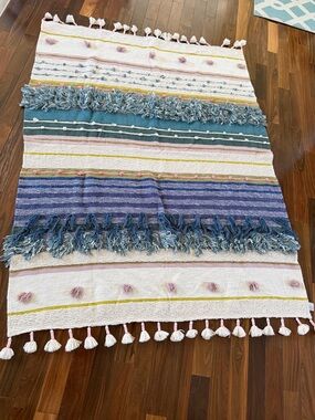 Anthropologie All Roads Woven Baja Boho Blue pompom Tassle Throw Blanket 70x50